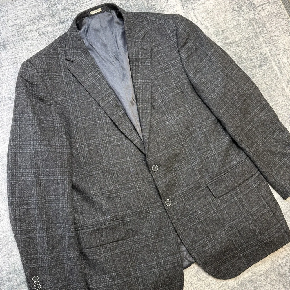 Joseph Abboud Blazer Jacket Mens 48L Charcoal Plaid Tollegno Wool Sport Coat